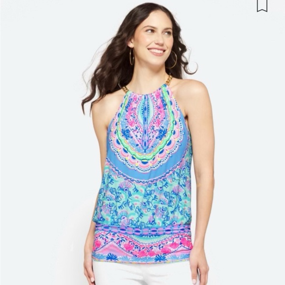 Lilly Pulitzer Blue and Pink Patterned Halter Top